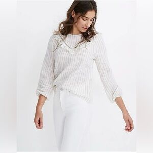 Madewell White w/ Black Pinstripe Cotton Yoke Ruffle Prairie Blouse M EUC